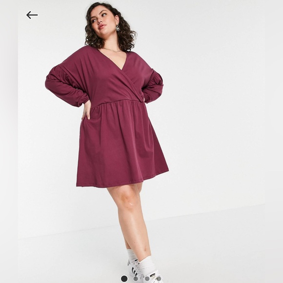 ASOS DESIGN Curve Wrap front long sleeve smock dress Size US 16 Berry Dark Red - Picture 1 of 9